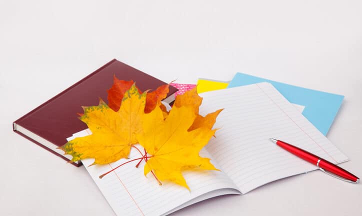 Autumn leaves on a notebook and a pen — stock photo.